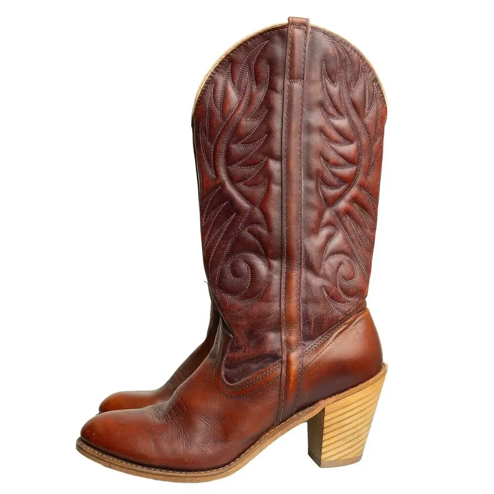 Women's Vintage 80s Dingo Stitched Cowboy Boots With Wooden Heels - Sz 8 - Picture 3 of 13